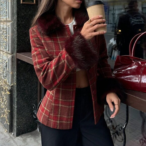 Multicolor Casual Women's Christmas Plaid Faux Fur Jacket - Picture 6 of 8